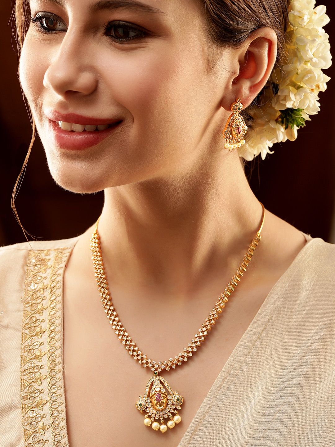 Dhiyona RJ Women's Gold-Plated American Diamond-Studded & Pearl Beaded Temple Jewellery Set
