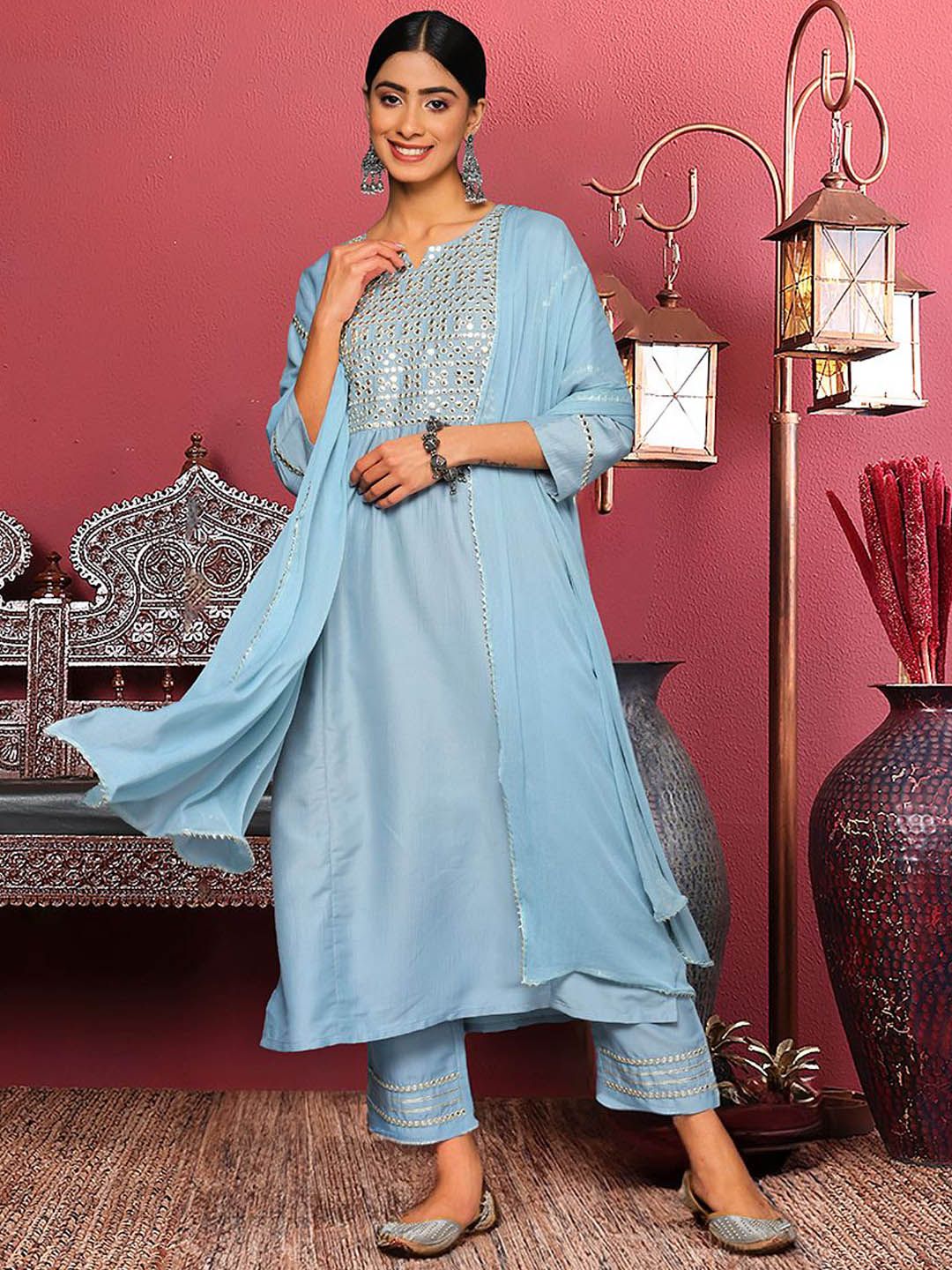 Dhiyona VA Women'sBlue Floral Embroidered Mirror Work Straight Kurta With Trousers & Dupatta