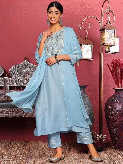 Dhiyona VA Women'sBlue Floral Embroidered Mirror Work Straight Kurta With Trousers & Dupatta