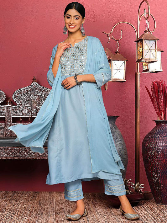 Dhiyona VA Women'sBlue Floral Embroidered Mirror Work Straight Kurta With Trousers & Dupatta
