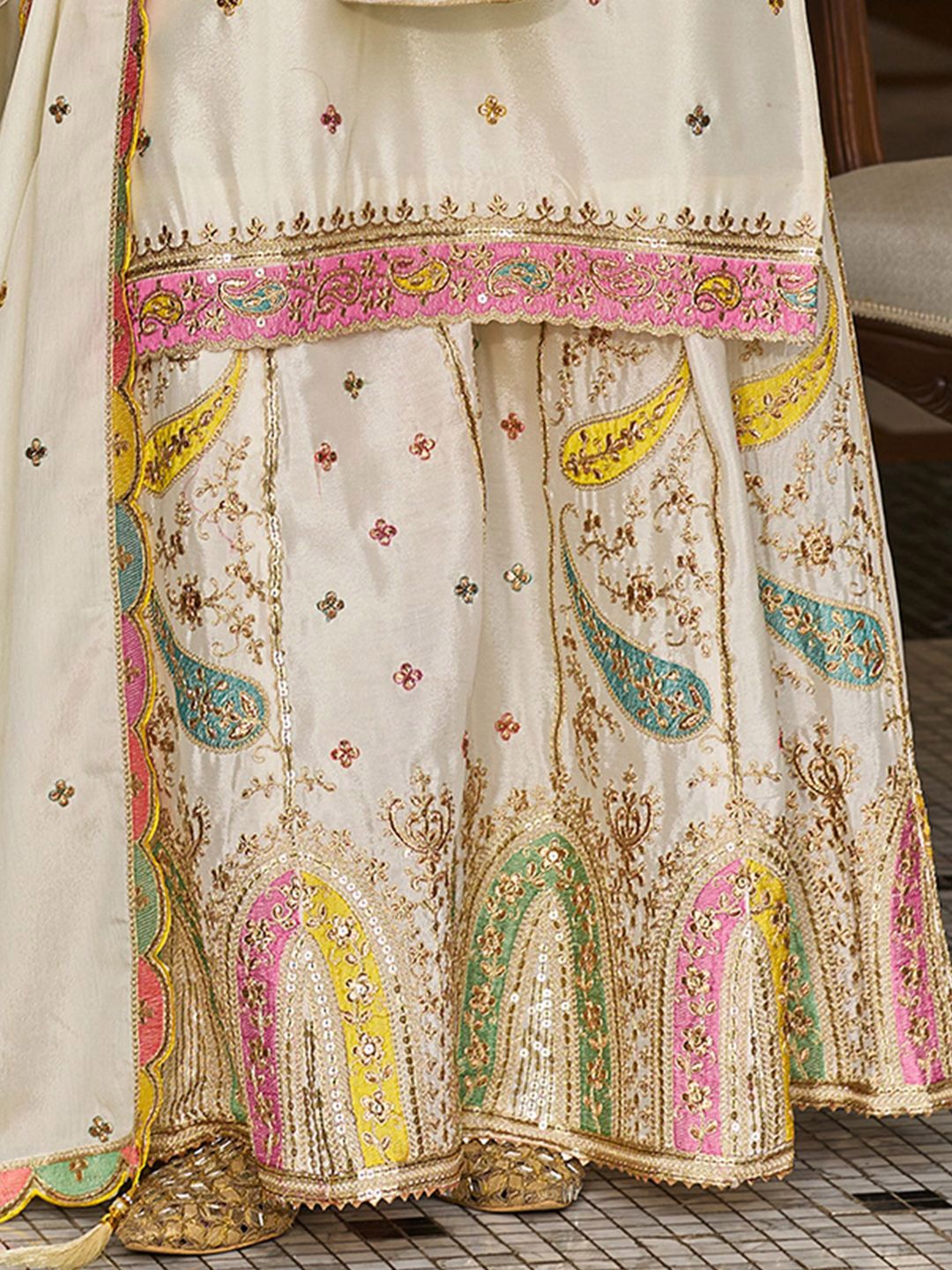 Paisley Embroidered Sequinned Straight Kurta With Sharara And Dupatta