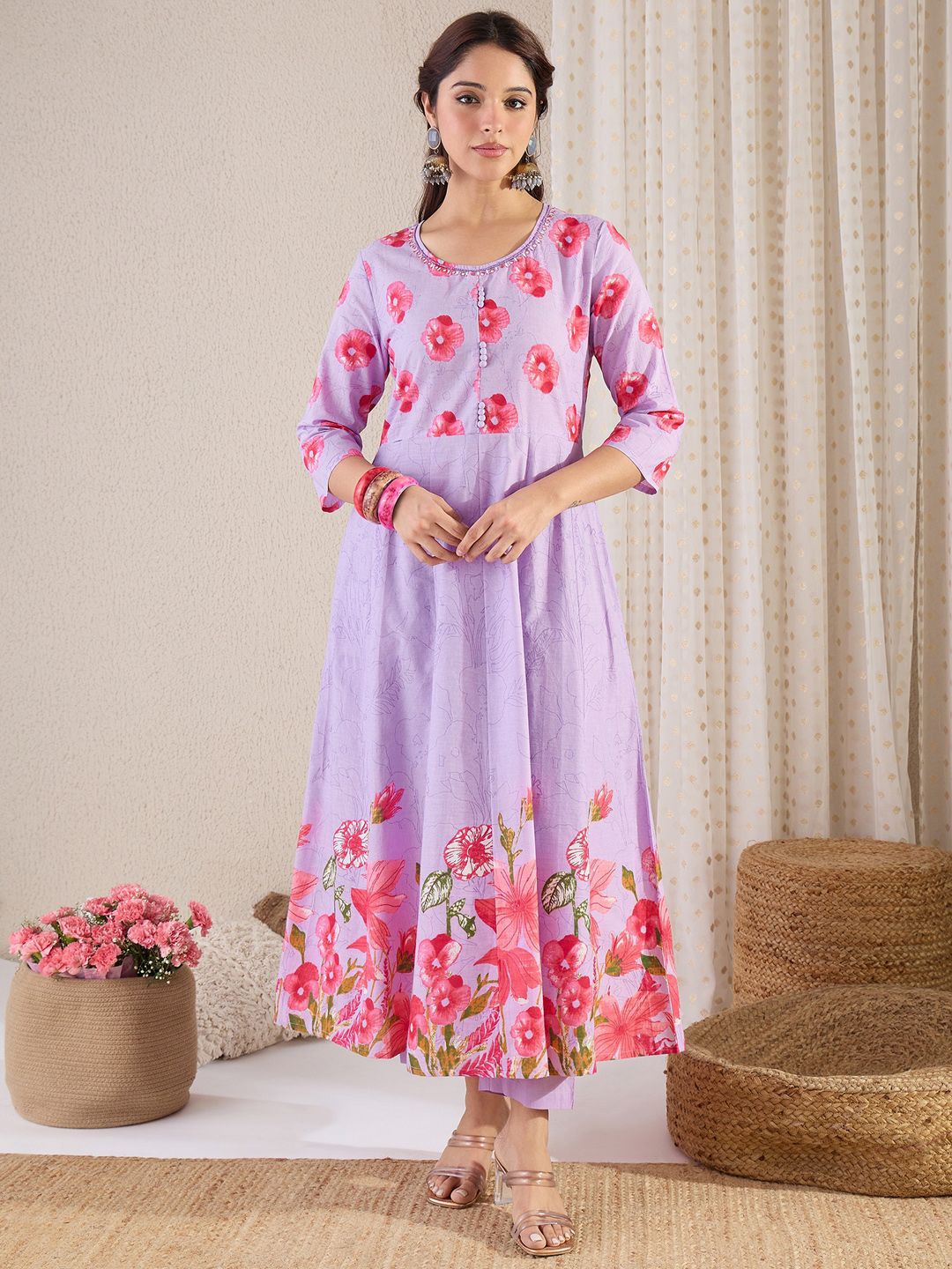 Women Floral Printed Cotton Kurta with Trousers & Dupatta