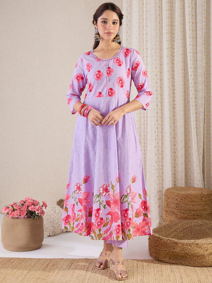 Women Floral Printed Cotton Kurta with Trousers & Dupatta