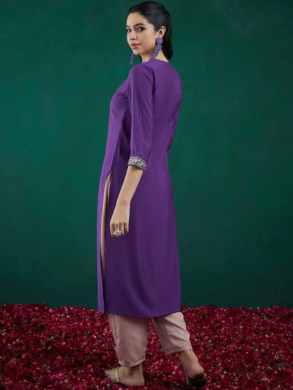 Dhiyona IE Purple Ethnic Motifs Yoke Design Thread Work Chanderi Silk Straight Kurta