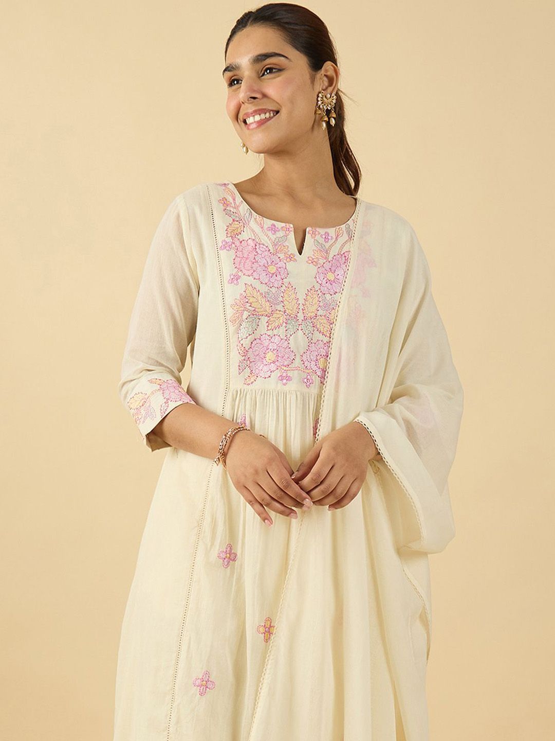 Floral Embroidered Notch Neck Pure Cotton A-Line Kurta & Trousers With Dupatta