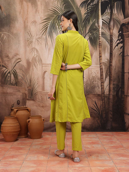 Dhiyona SN Women's Schiffli Embroidered Panelled Pure Cotton Kurta with Trousers