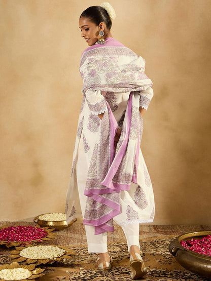 Dhiyona IE Women Floral Printed Regular Sequinned Pure Cotton Kurta with Trousers & With Dupatta