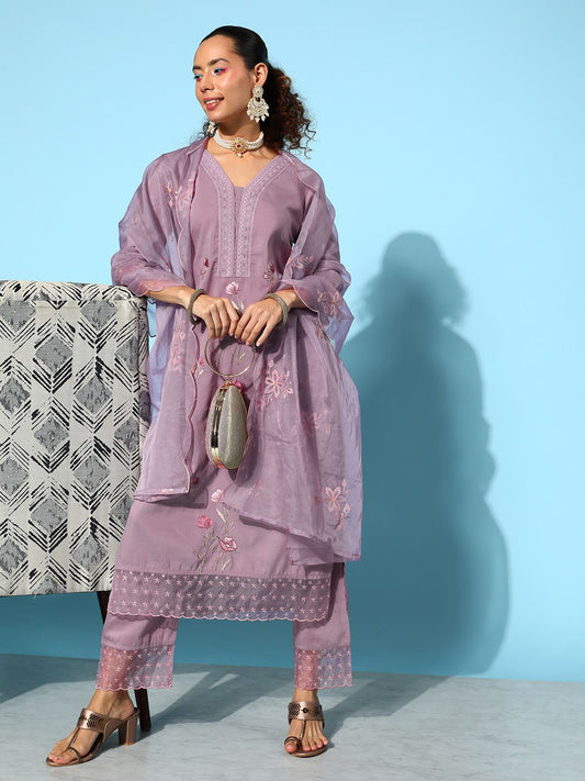 Dhiyona VA Women's Mauve Floral Embroidered Thread Work Kurta With Trousers & Dupatta