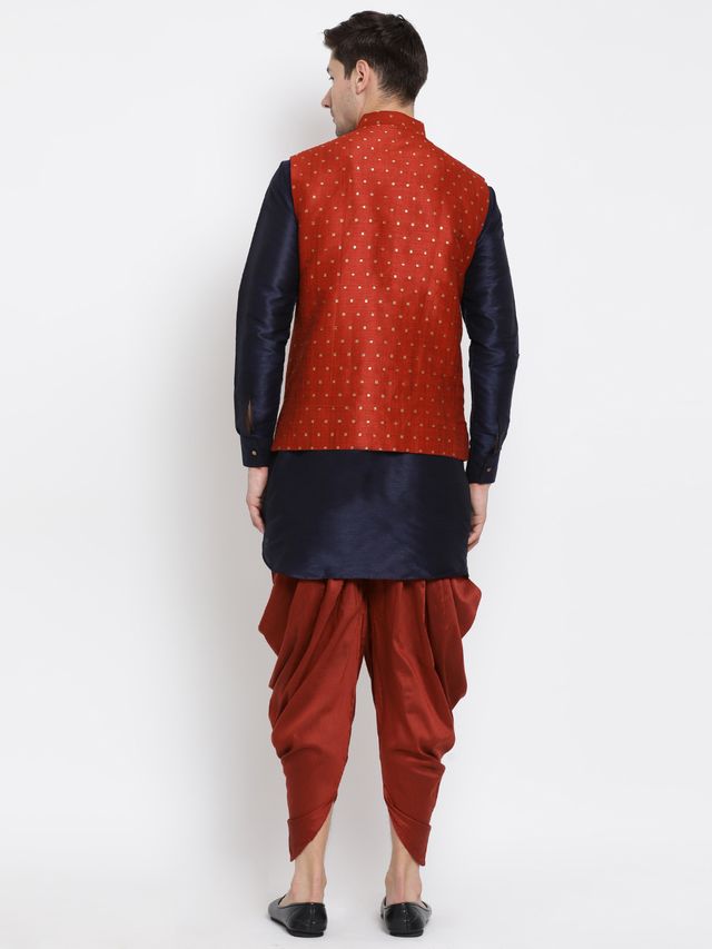 Men's Dark Blue Silk Blend Straight Jacket  Kurta and Dhoti Set
