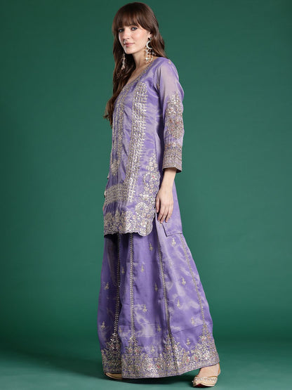 Dhiyona IE Ethnic Motifs Embroidered Sequinned Kurta With Palazzos & Dupatta