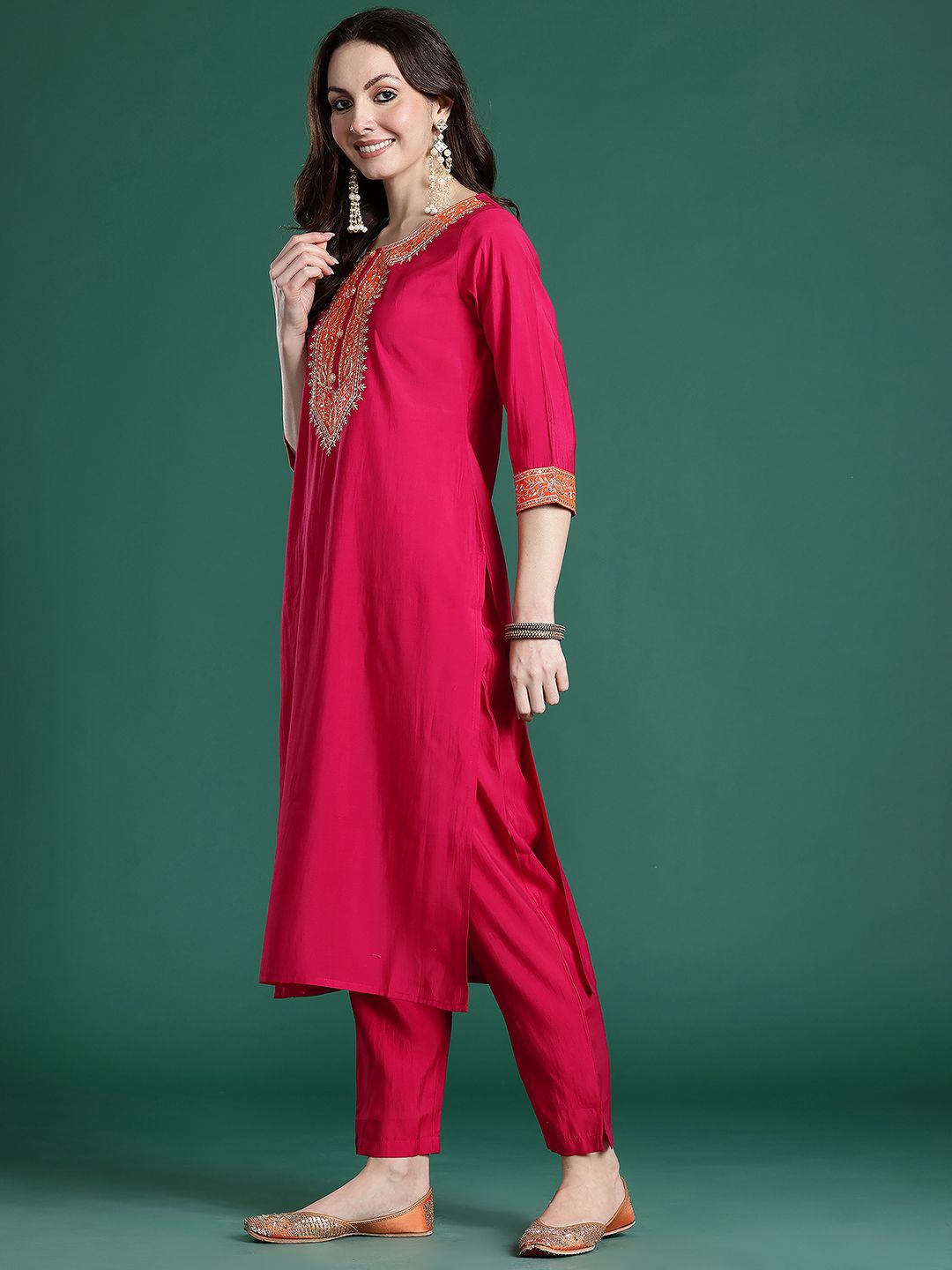 Ethnic Motifs Embroidered Zari Kurta with Trousers & With Dupatta