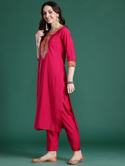 Ethnic Motifs Embroidered Zari Kurta with Trousers & With Dupatta