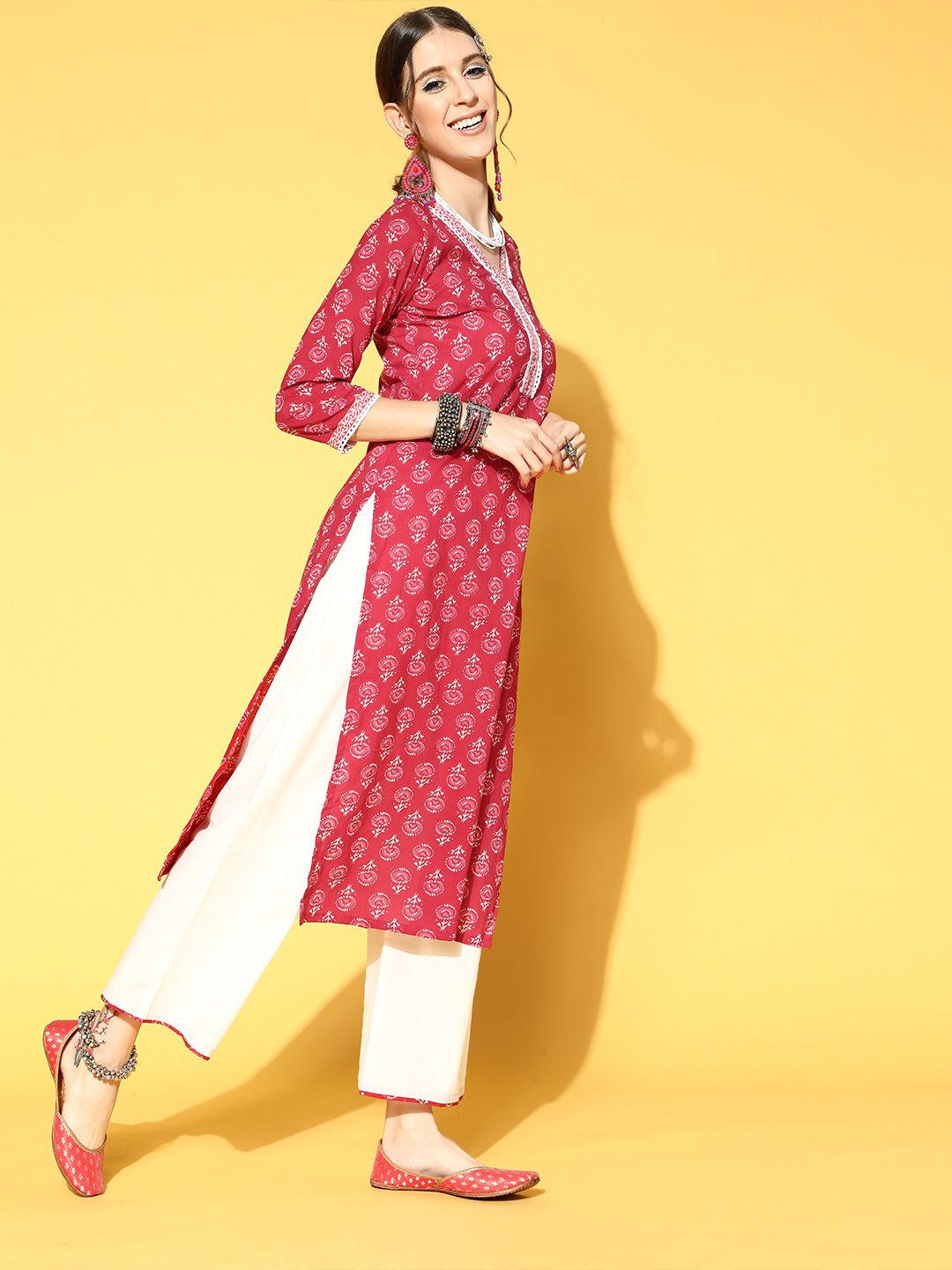 Women Red Floral Printed Regular Kurta with Palazzos & With Dupatta