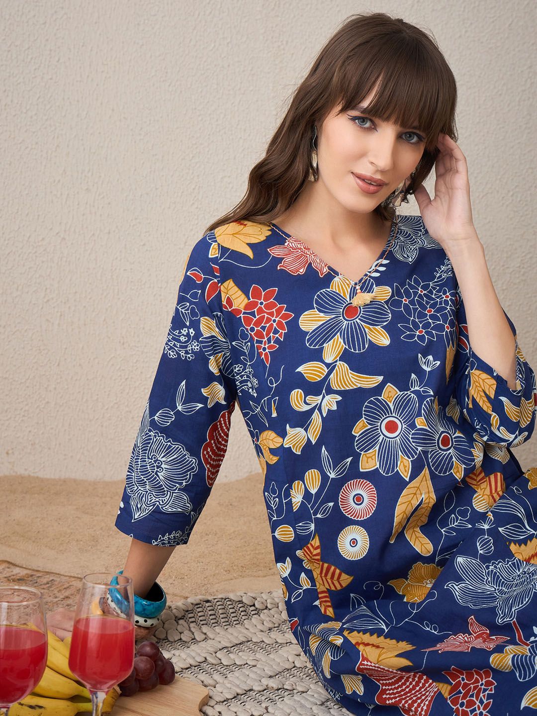 Dhiyona IE Women Floral Printed Regular Pure Cotton Kurta with Trousers