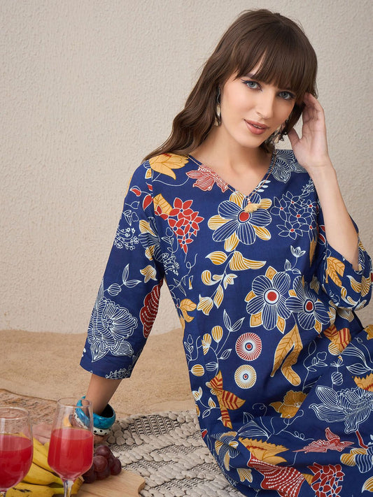 Dhiyona IE Women Floral Printed Regular Pure Cotton Kurta with Trousers