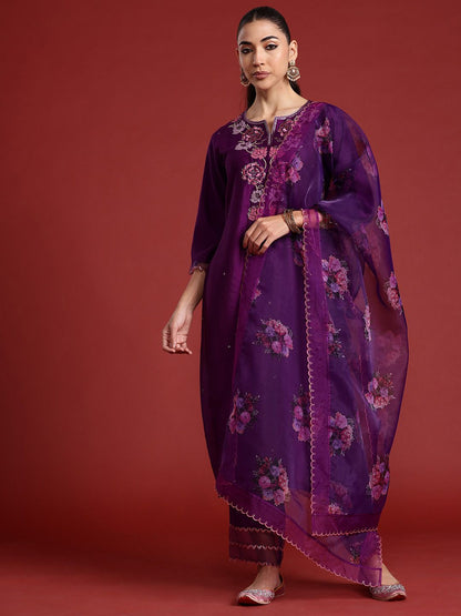 Dhiyona IE Floral Embroidered Sequinned Liva Kurta With Trousers & Dupatta