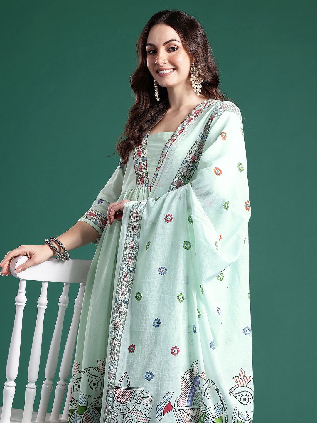 Dhiyona IE Ethnic Motifs Printed Pleated Pure Cotton Kurta with Trousers & Dupatta