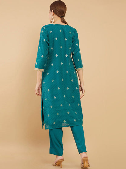 Dhiyona SO Women's Women Teal Floral Thread Work Chanderi Cotton Kurta with Trousers