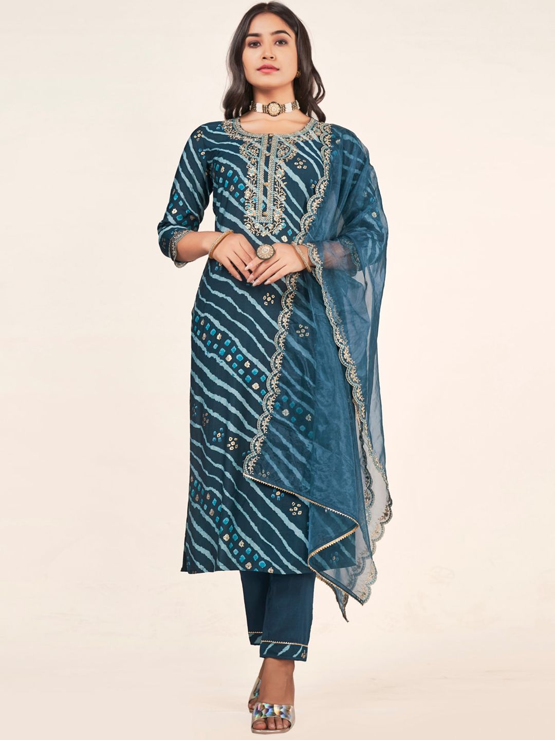 Dhiyona SN Women's Leheriya Embroidered Straight Kurta With Trousers & Dupatta