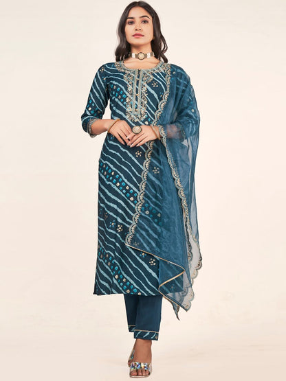 Dhiyona SN Women's Leheriya Embroidered Straight Kurta With Trousers & Dupatta