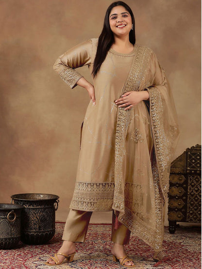 Dhiyona IN Size Abstract Printed & Embroidered Kurta With Trousers & Dupatta