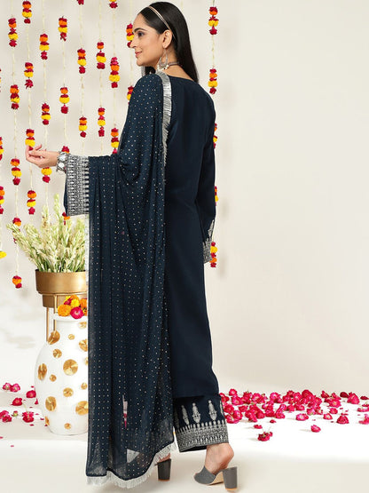 Dhiyona VA Women'sEthnic Motifs Zari Embroidered Regular Kurta With Trousers & With Dupatta