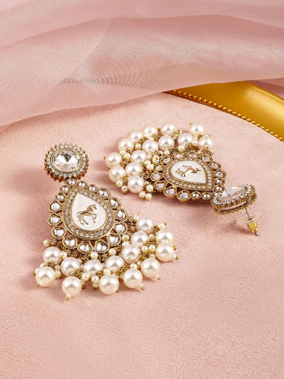 Dhiyona RJ Women's 18K Mehandi Gold-Plated White Kundan, Zicronia & Pearl Traditional Chanbali Earring