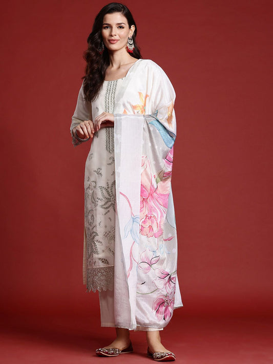 Dhiyona IE Ethnic Motifs Embroidered Thread Work Kurta With Trousers & Dupatta