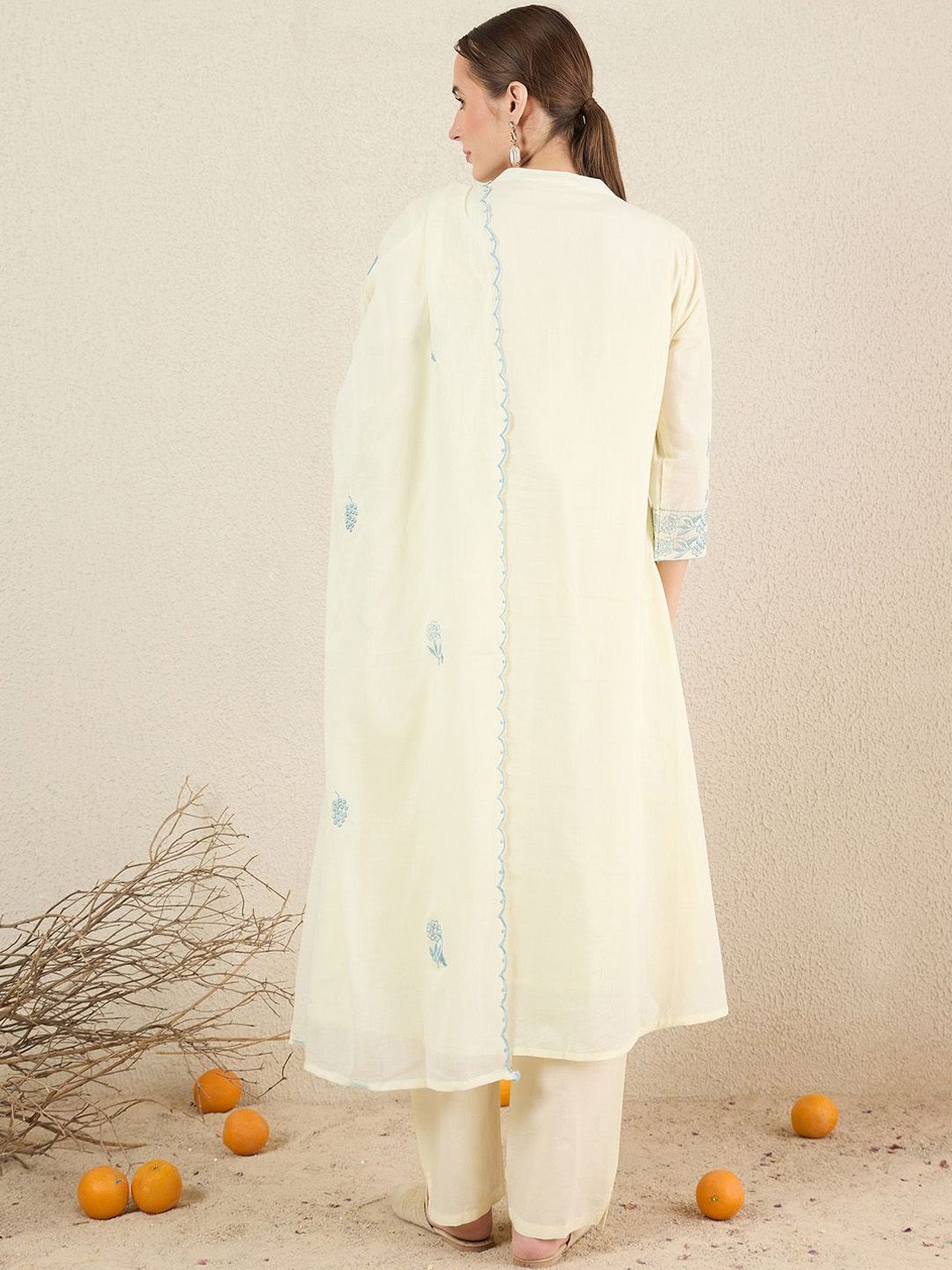 Dhiyona IE Women Solid Embroidered Cotton Kurta with Trousers & Dupatta