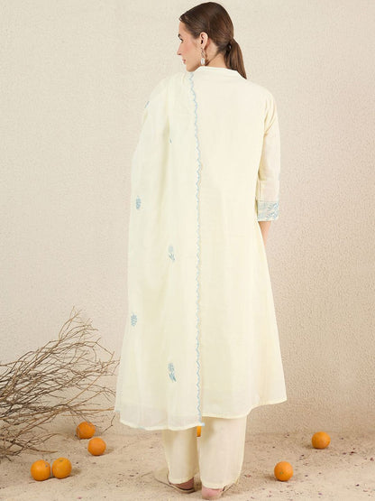 Dhiyona IE Women Solid Embroidered Cotton Kurta with Trousers & Dupatta