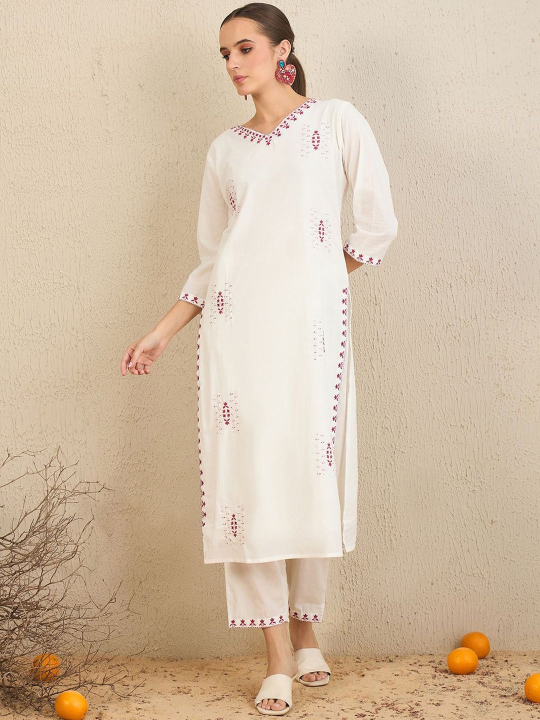 Floral Embroidered V-Neck Pure Cotton Straight Kurta With Trousers & Dupatta