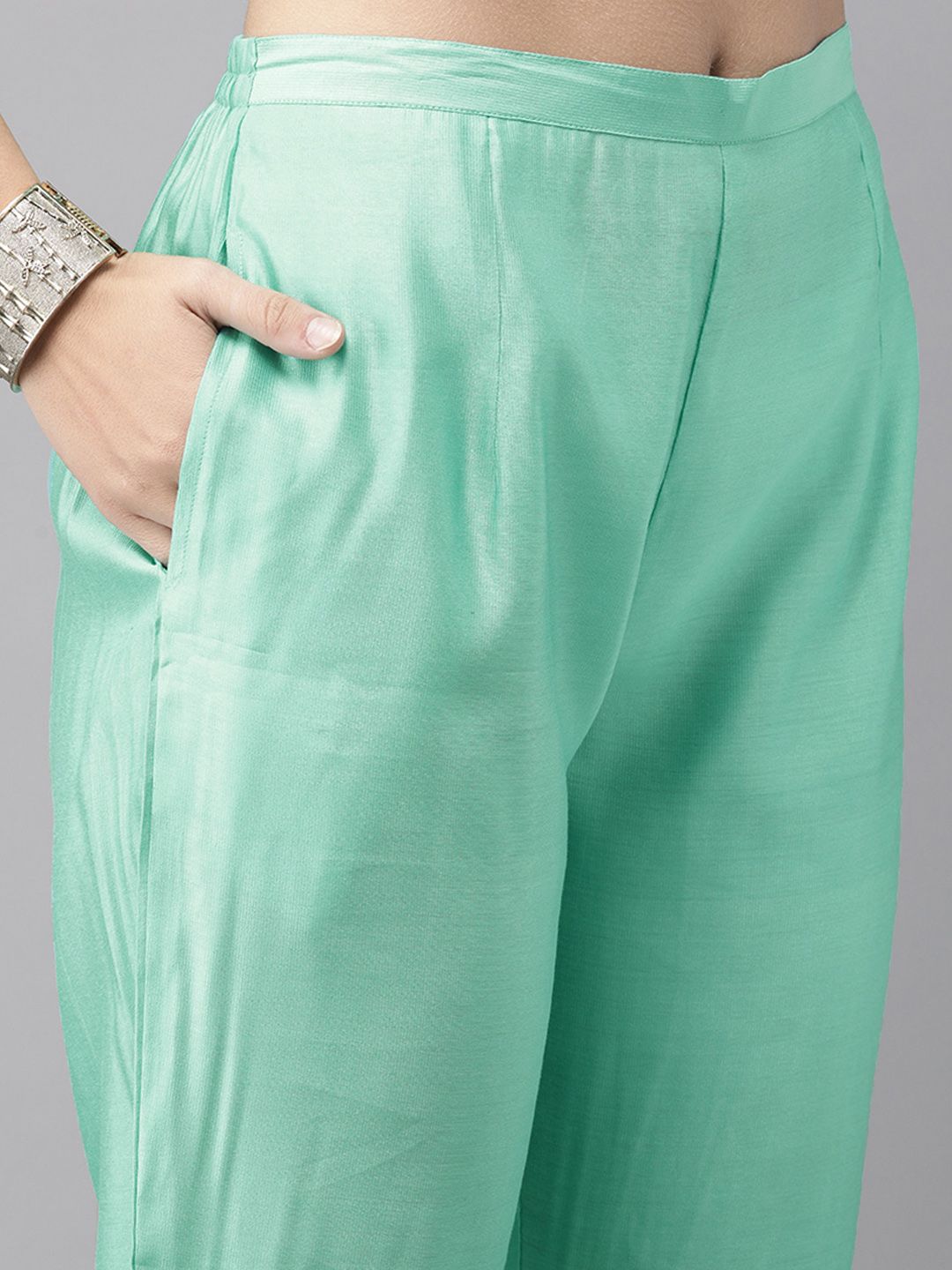 Women Sea Green & Beige Embroidered Kurta with Trousers & Dupatta