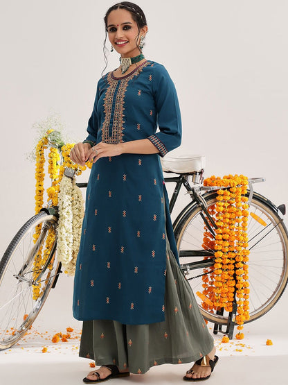 Dhiyona VA Women'sEthnic Motifs Embroidered Thread Work Kurta & Sharara With Dupatta