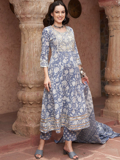 Dhiyona SN Women's Blue Printed Thread Work Pure Cotton Empire A-Line Kurta with Trousers & Dupatta