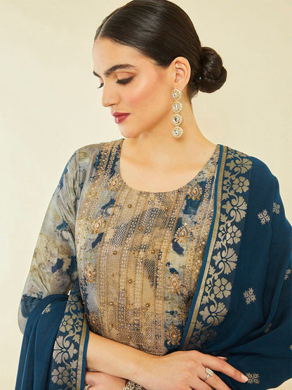 Dhiyona SO Women's Printed Beads And Stones Kurta With Trousers & Dupatta