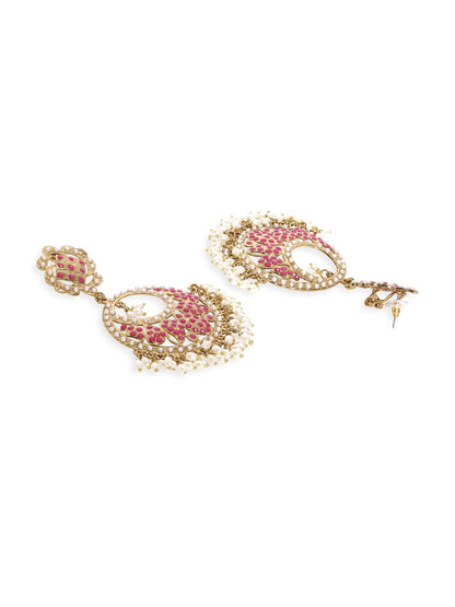 Dhiyona RJ Women's 22K Antique Gold Plated Ruby Zirconia & Pearl Studded Statement Chandbali Earring