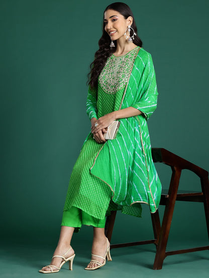 Dhiyona IE Leheriya Printed Zari Kurta With Trousers & Dupatta