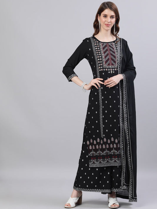Dhiyona IS Women's Women Black Ethnic Motifs Printed Panelled Kurta with Palazzos & Dupatta