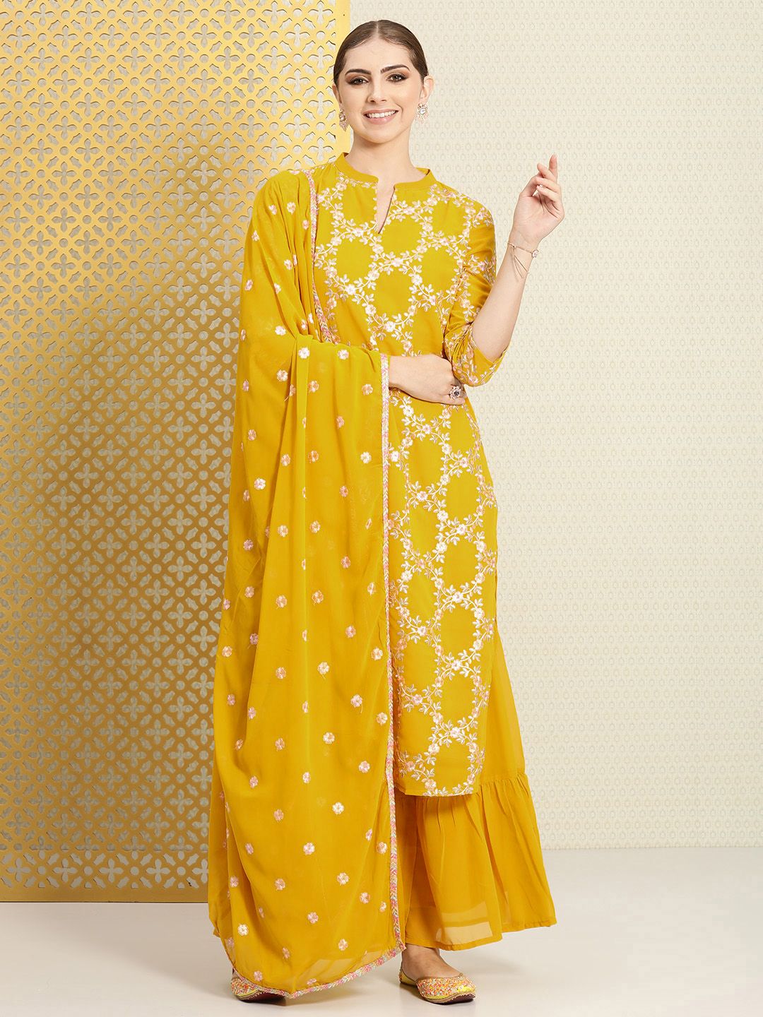 Dhiyona PD Women Women Floral Embroidered Sequined Jashn Kurta With Sharara & Dupatta