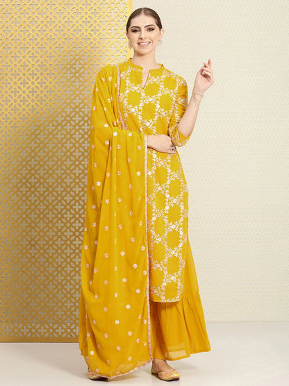 Dhiyona PD Women Women Floral Embroidered Sequined Jashn Kurta With Sharara & Dupatta