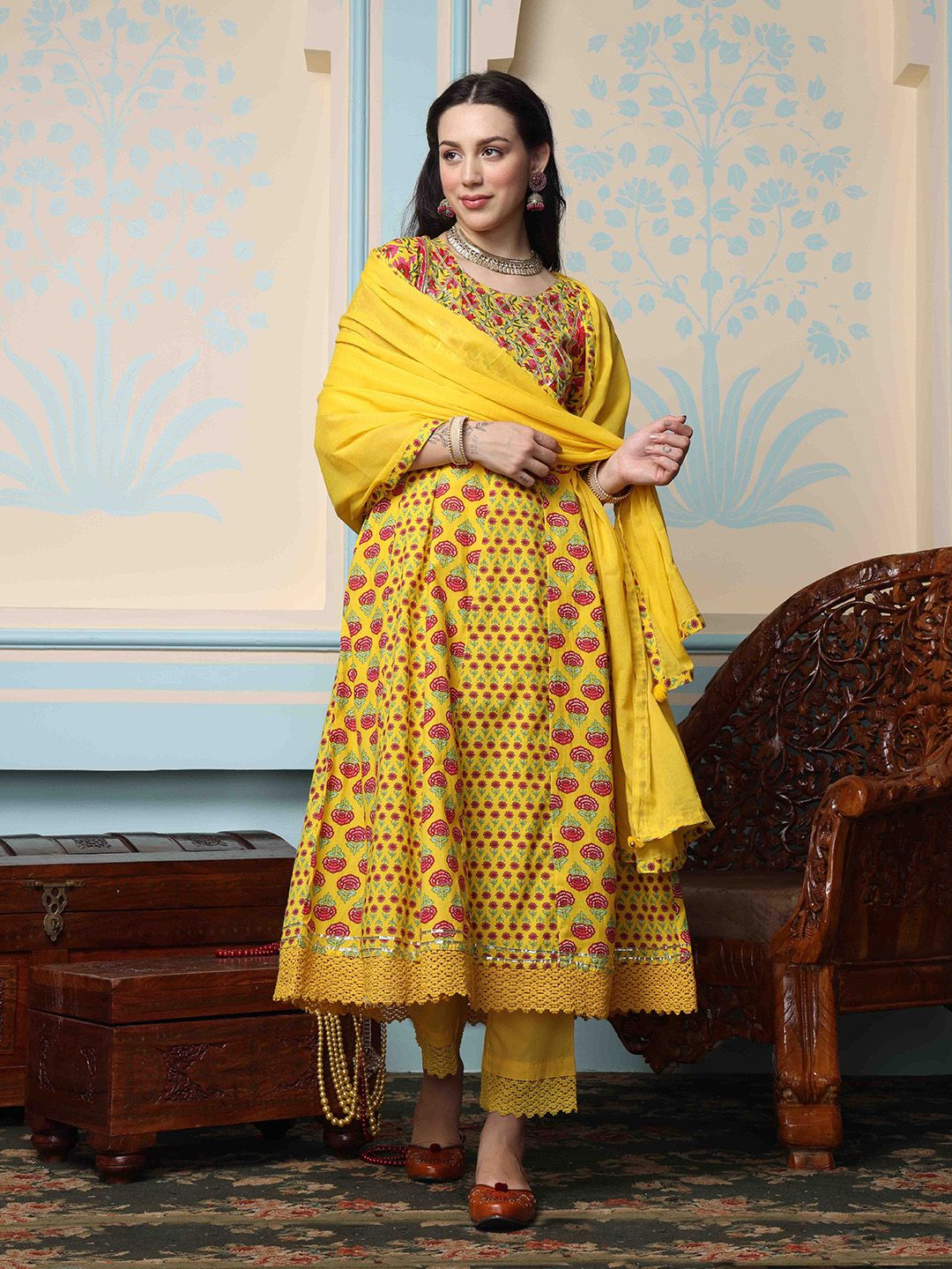 Dhiyona IS Women's Mustard Yellow Floral Printed Pure Cotton Anarkali Kurta With Trousers & Dupatta