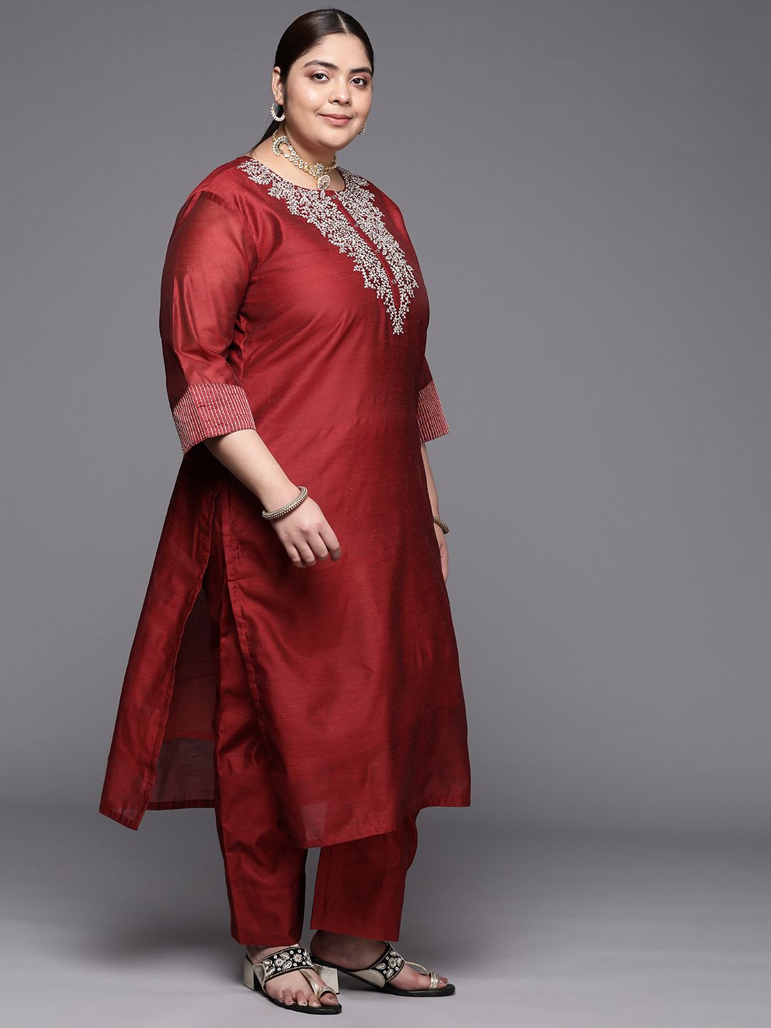 Dhiyona VA Women'sPlus Size Embroidered Chanderi Silk Kurta with Trousers & With Dupatta