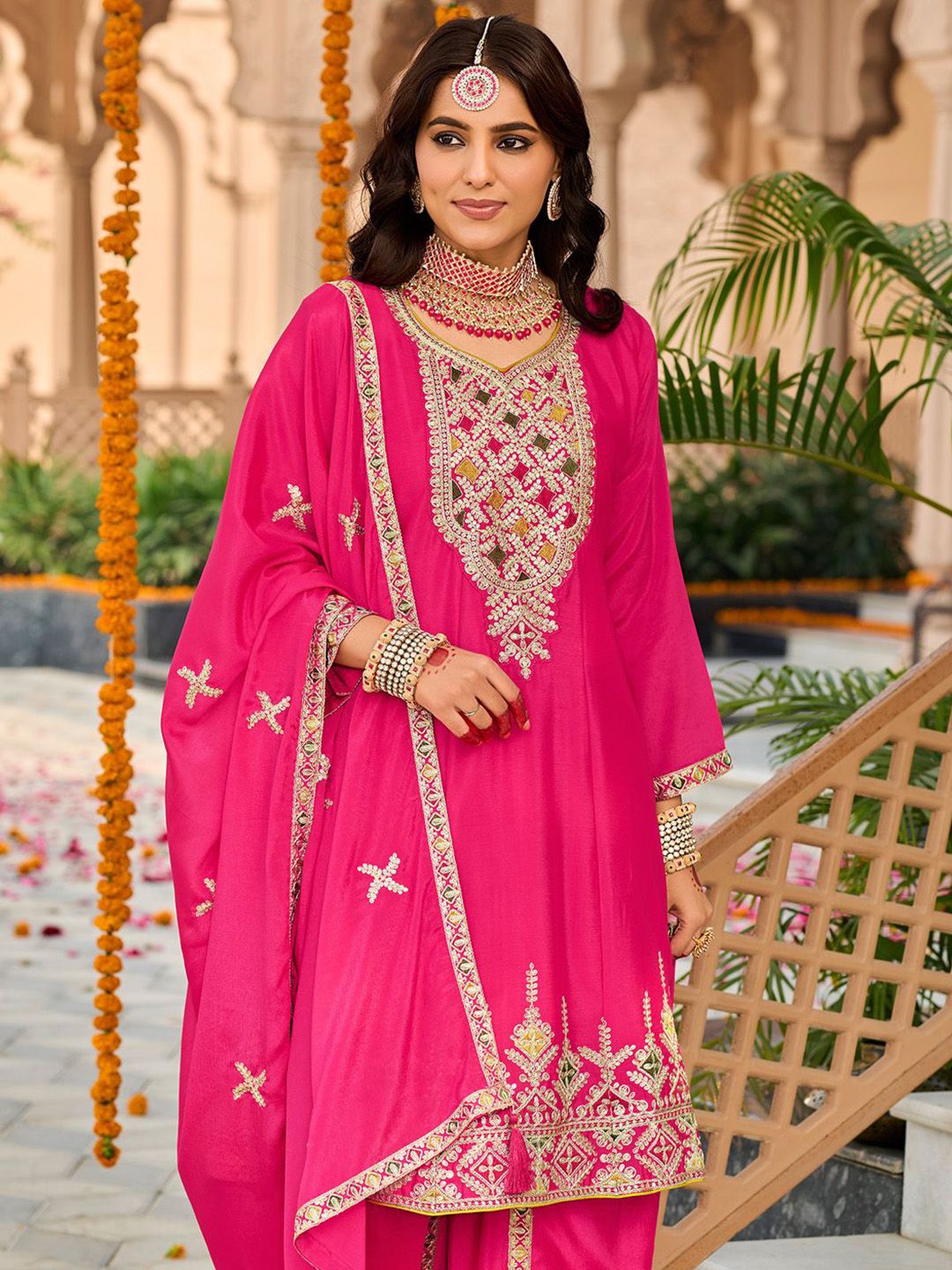 Floral Embroidered Mirror Work Sequinned Anarkali Kurta With Dhoti & Dupatta