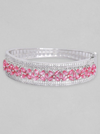 Dhiyona RJ Women's Silver-Plated Ruby Pink & Cubic Zicronia Studded Bangle-Style Bracelet