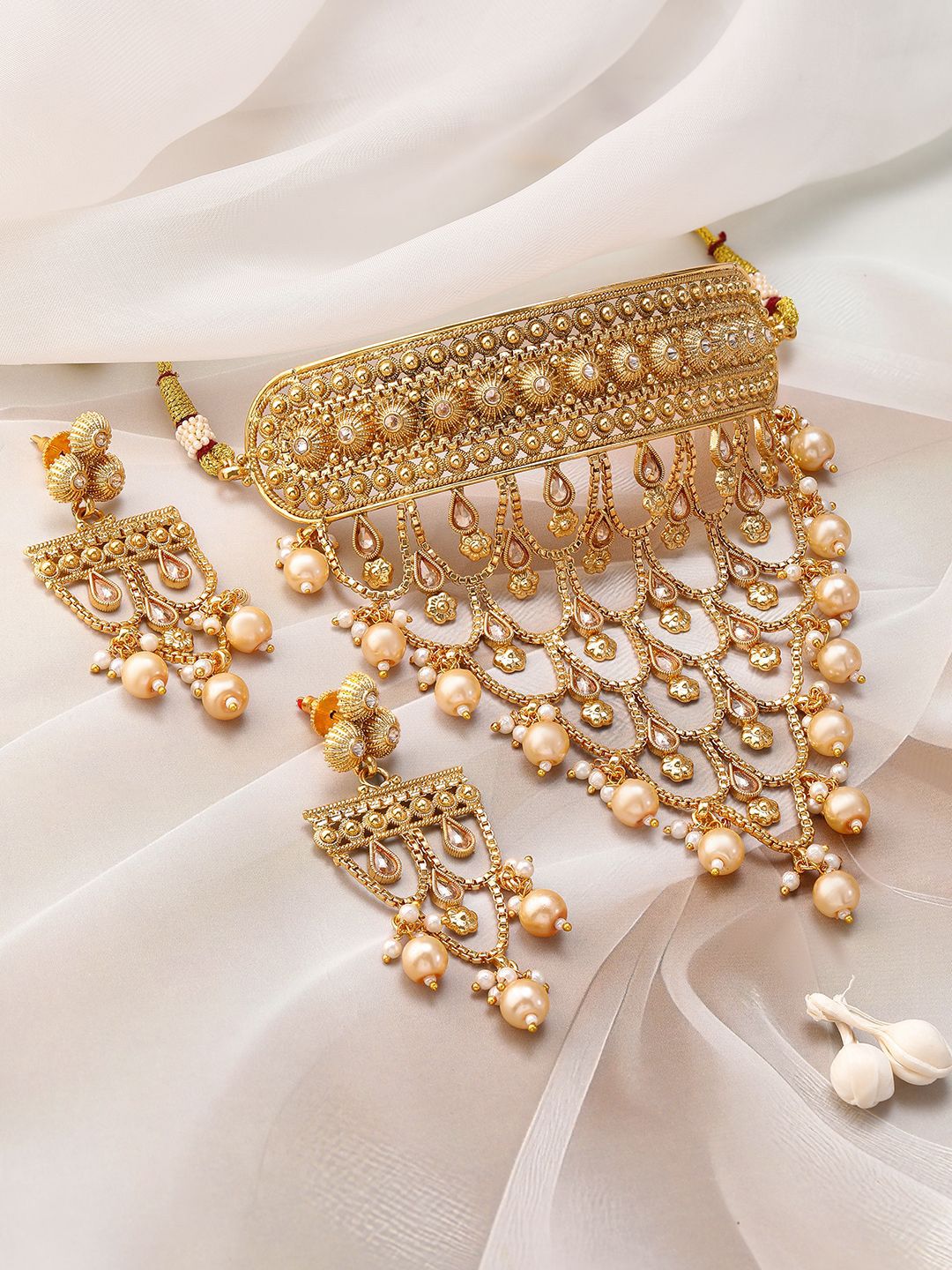 Dhiyona RJ Women's 22K Gold-Plated Choker Necklace Set With Pearls & Intricate Layered Design