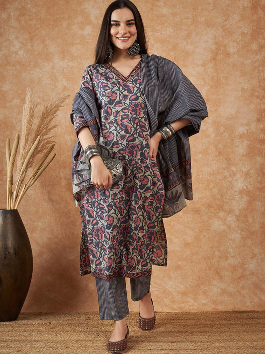 Dhiyona SN Women's Floral Printed Straight Kurta With Trousers & Dupatta