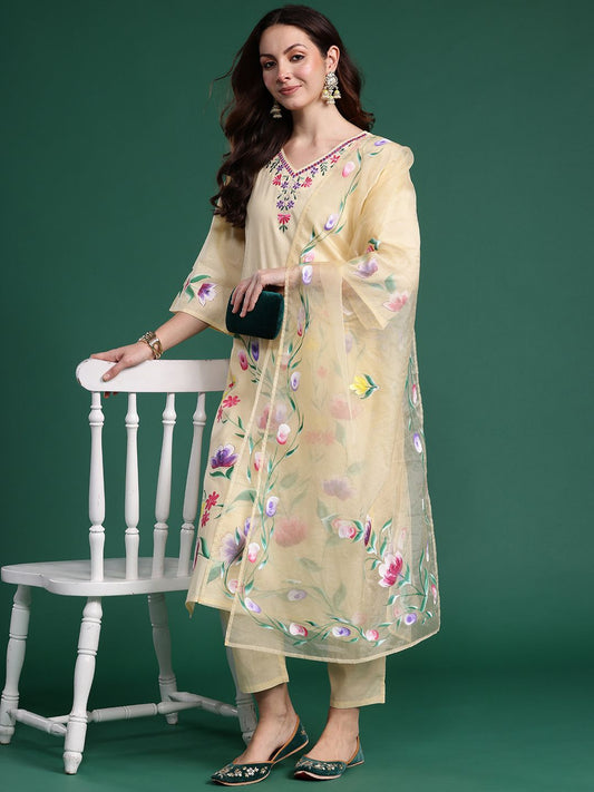Floral Embroidered Pure Cotton Kurta with Trousers & Dupatta