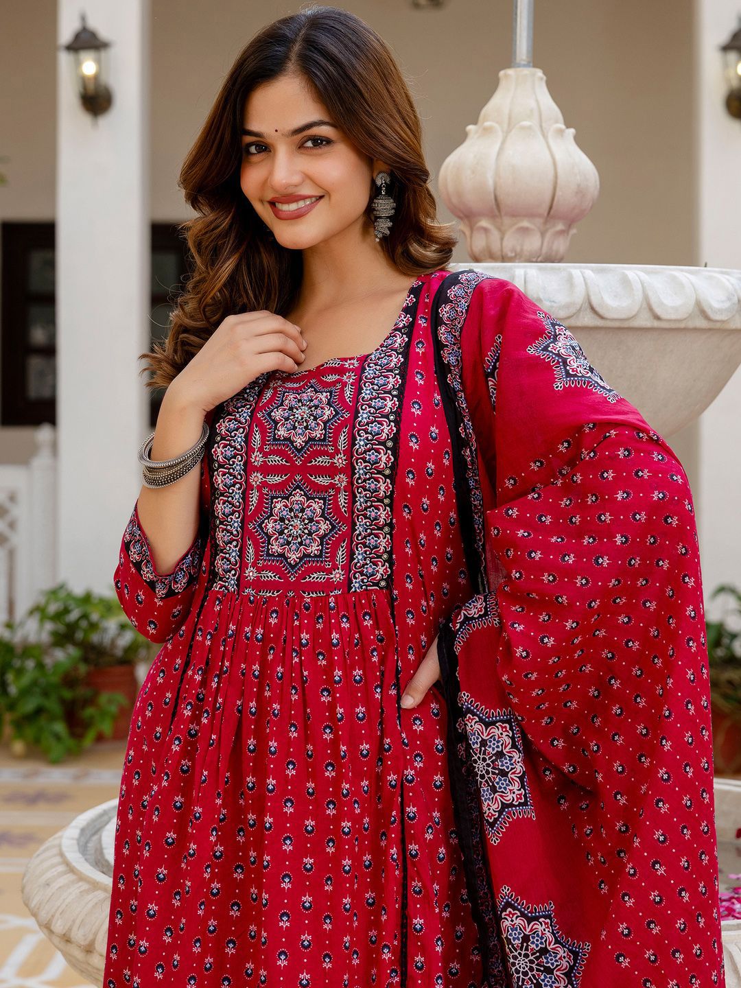 Dhiyona IE Ethnic Motifs Printed A Line Pure Cotton Kurta With Trousers & Dupatta