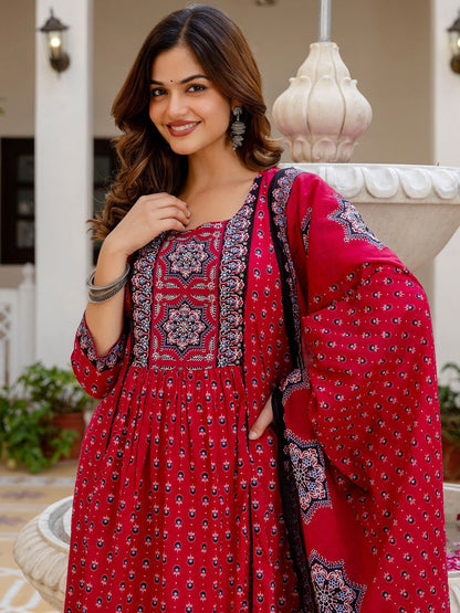 Ethnic Motifs Printed A Line Pure Cotton Kurta With Trousers & Dupatta