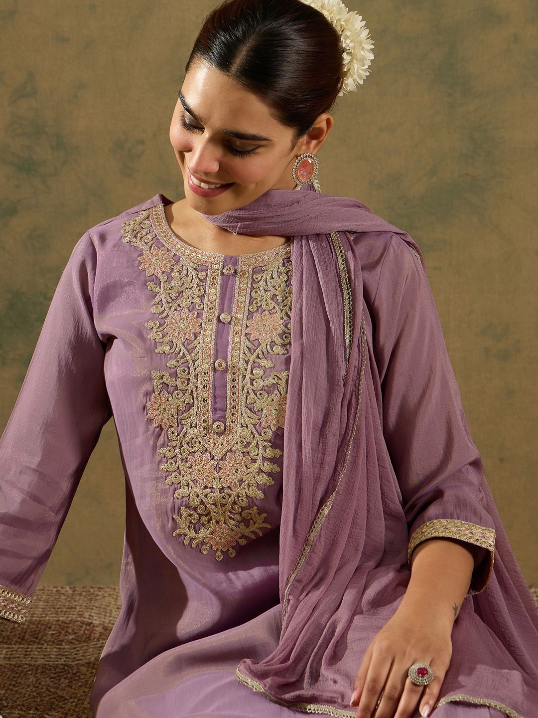 Ethnic Motifs Embroidered Regular Straight Kurta with Trousers & Dupatta